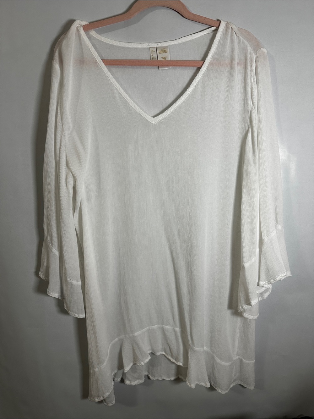 #128 Anne Cole White V-Neck Sheer Ruffle Tunic